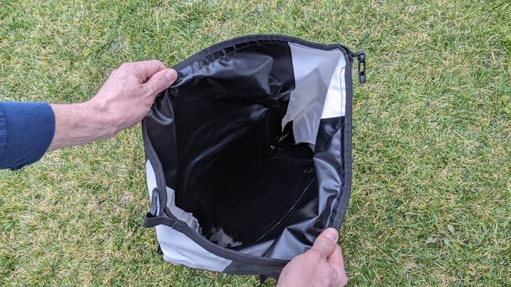 Large opening of a dry bag backpack
